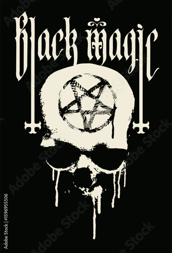 Vector banner with the inscription Black Magic written in gothic font, with inverted crosses, human skull, pentagram. Symbol of Satanism, witchcraft. T-shirt disign, music cover, poster. No ai