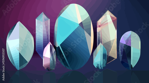 A collection of geometrically shaped, iridescent crystals and gems arranged against a blurred purple and blue gradient background.