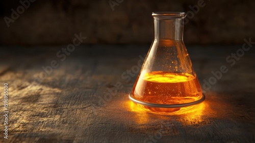 Glass Flask with Orange Liquid Reflecting Warm Light in Laboratory