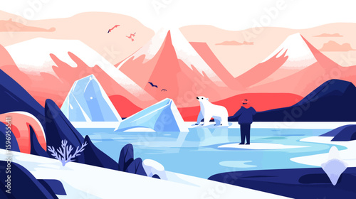 Illustration of a person standing near a polar bear on ice floes in an arctic landscape with mountains and birds.