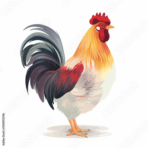 Illustration of a vibrant rooster with golden yellow plumage, a red comb, and a black and grey tail, standing on a white background.