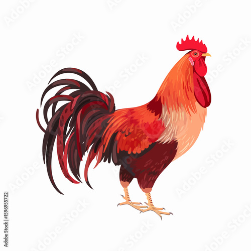 A vibrant illustration of a rooster, showcasing its colorful plumage, prominent comb, and elegant tail feathers, standing against a white background.