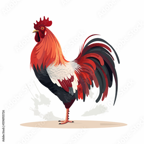 A vibrant rooster stands proudly, showcasing its colorful plumage in shades of red, black, and white against a clean background.