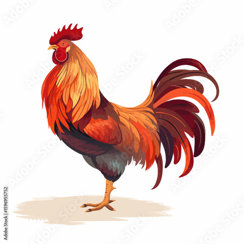 A vibrant, stylized illustration of a rooster standing proudly with its colorful feathers and detailed comb.