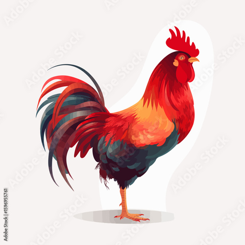 Illustration of a vibrant rooster standing proudly with colorful plumage in shades of red, orange, and blue.