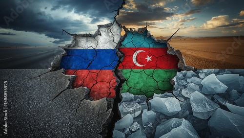 Russia and Azerbaijan Flags Split, Symbolizing Conflict and Geopolitical Tensions.