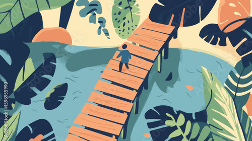 A person walks across a wooden bridge over water, surrounded by lush green tropical foliage and a sunlit landscape.