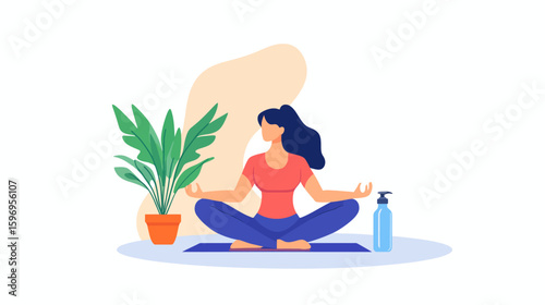 Woman in lotus position meditating on a mat with a plant and sanitizer bottle nearby, against a white background.