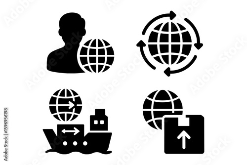 Global logistics symbols silhouette set featuring user, globe, shipping, and package icons