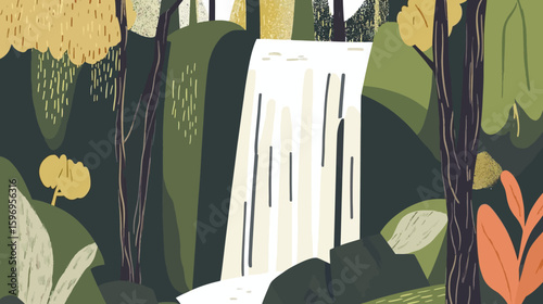 Illustrated landscape featuring a waterfall cascading through a forest with trees, rocks, and diverse foliage in shades of green, brown, yellow, and orange.
