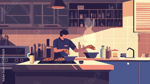 Illustration of a man in a kitchen preparing food, placing pizza slices into a bowl under warm lighting.