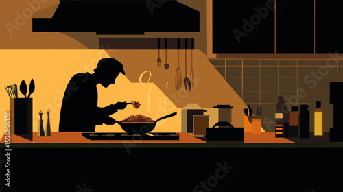 Silhouette of a person cooking food in a wok on a stove in a kitchen with various utensils and containers.