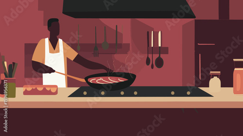 Illustrated man in an apron cooking food in a frying pan on a stovetop in a kitchen setting.