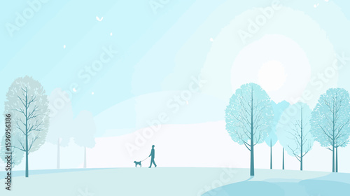 A solitary figure walks a dog through a serene, minimalist winter landscape with bare trees and a soft, light blue color palette.