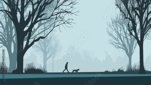 Solitary Stroll: A figure takes a peaceful walk with a dog through a misty forest scene. The cool, muted tones add a sense of calm and tranquility to this quiet moment.