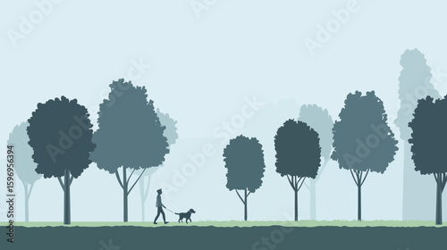 Misty Morning Walk with Dog: A serene scene of a person walking their dog on a misty morning. The silhouette of the person and dog blend seamlessly with the surrounding trees.