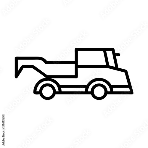 Harvester side view depicting farm equipment for agriculture with bold lines against a white background. Harvester side view displays machinery used in farming for reaping crops.