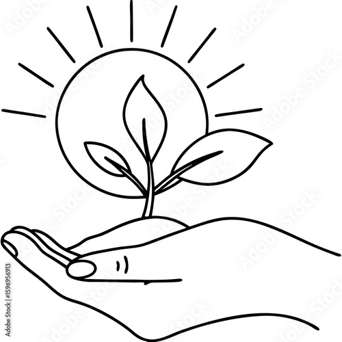 Hand holding plant with sun shining, symbolic representation of growth and sustainability. Hand supporting plant with sunlight signifies hope and new beginnings, representing care for environment.