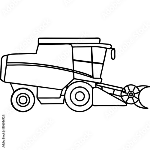 Side view of harvester line drawing in monochrome. Harvester side view shows agricultural machinery designed for reaping and threshing grains, drawn in black outlines and clear lines.