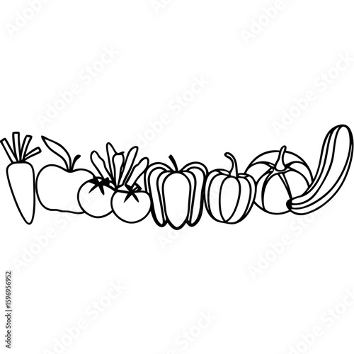 Line of vegetables arranged horizontally featuring carrot, tomato, pepper, pumpkin, and zucchini. Line of vegetables offers clean, simplistic design for culinary projects.