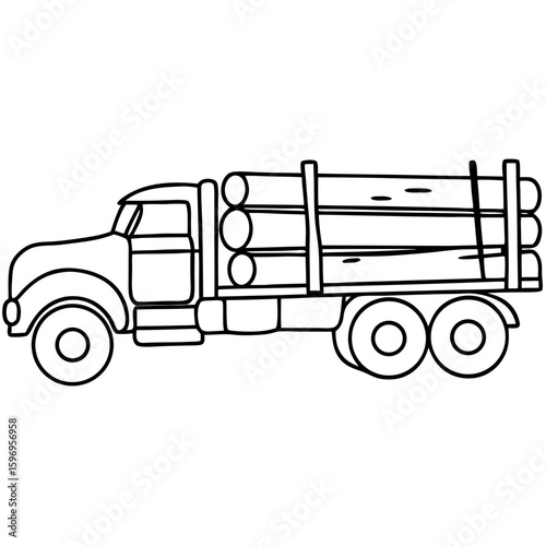 Logging truck with logs isolated on white, black and white logging truck conveying timber, showing outline of heavy machinery. Logging truck with logs is ideal for coloring pages,