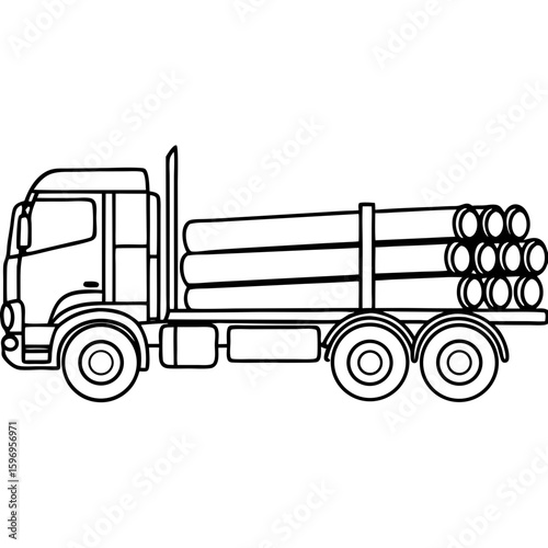 Illustrative logging truck carrying timber logs for transportation. Logging truck design includes detailed outline, perfect as graphic resource.