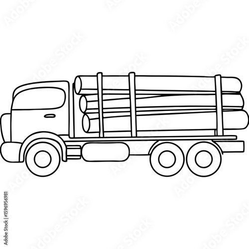 Logging truck illustration transports timber for industrial use, featuring a detailed logging truck outline with logs loaded securely.