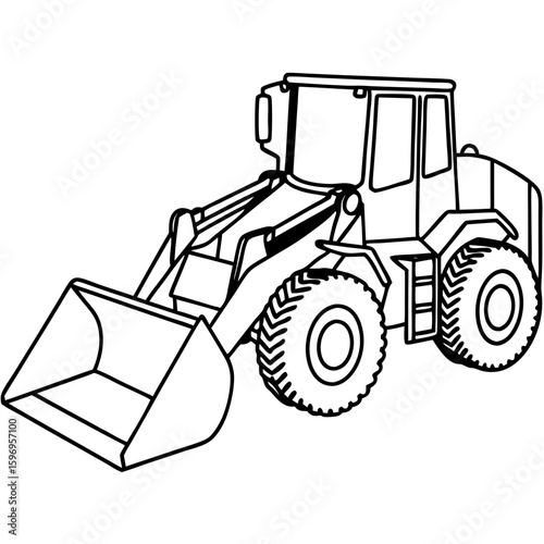 Wheel loader illustration shows construction equipment with front bucket for moving materials. Wheel loader artwork depicts machinery used in building and infrastructure projects.