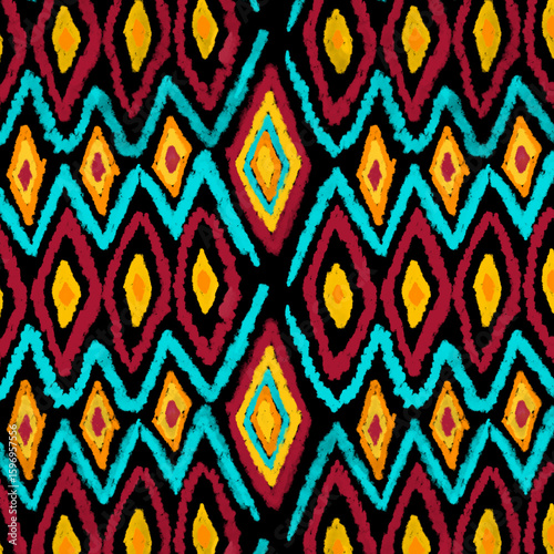 Seamless ikat pattern. Abstract pattern. Textile print pattern. Black background. 