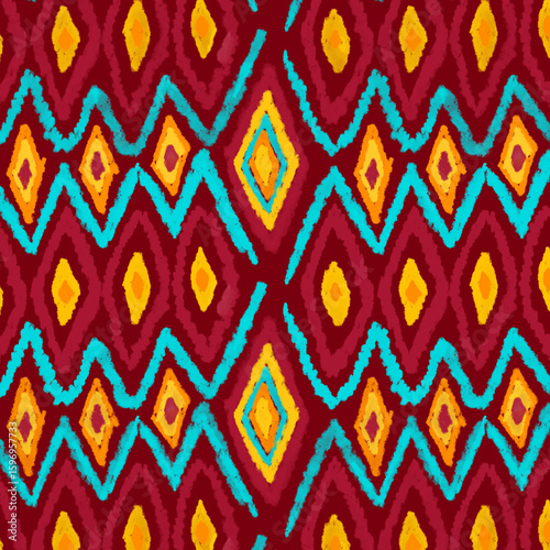 Seamless ikat pattern. Abstract pattern. Textile print pattern. Red background. 