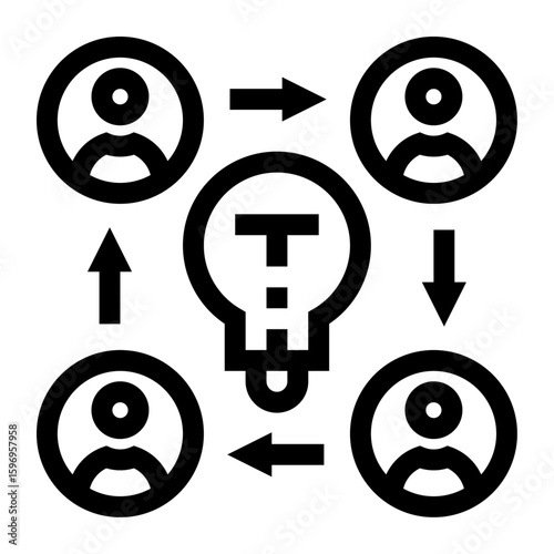 Icono de ideas en equipo. Creatividad grupal, innovación y colaboración. Usuarios conectados por líneas con bombilla en el centro. Ilustración vectorial