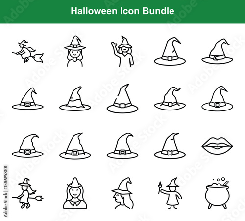 Halloween Icon Bundle Featuring Witches, Hats, Cauldron and More Line Art