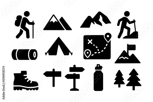 Outdoor hiking icons: adventure, camping, and nature in bold silhouette design