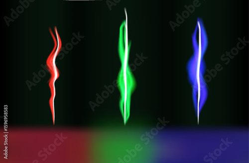 Three distinct light waves in red, green, and blue swirl elegantly against a dark background. This captivating arrangement creates a sense of movement and energy