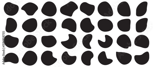 Organic shape round form set. Liquid organic blob. Abstract organic blob shapes vector irregular figures isolated on transparent background. Black cube drops. Various shapes of irregular blobs