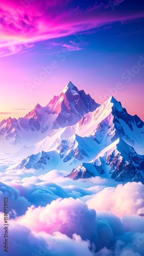 majestic snow-covered mountain peaks rising above a soft
