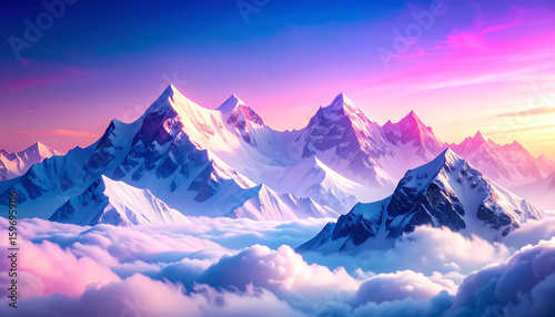 majestic snow-covered mountain peaks rising above a soft