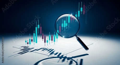 Financial Analysis Magnifying Glass Over Stock Market Candlestick Chart Depicting Market Trends and Data Visualization