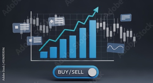 Financial Growth Analysis 3D Visualization with Rising Blue Bar Graph and Buy Sell Trading Interface
