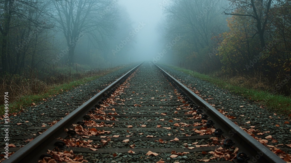 Fototapeta premium Misty train tracks leading through a serene autumn forest in fog