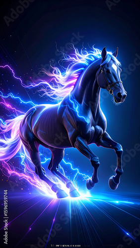features a powerful horse in a dynamic running pose, with streaks of electric