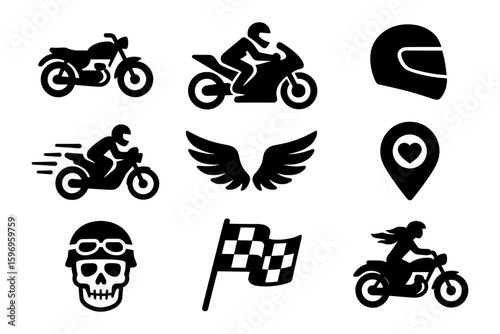 Motorcycle icon set: racing, safety, and adventure symbols