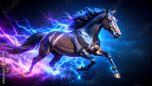features a powerful horse in a dynamic running pose, with streaks of electric