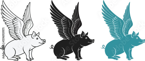 Three stylized pigs with wings in different colors against a white background art