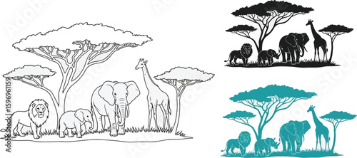 Illustrations of african animals including lions elephants and giraffes under trees