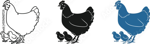 Three depictions of a hen with two chicks in line art black silhouette and blue fill