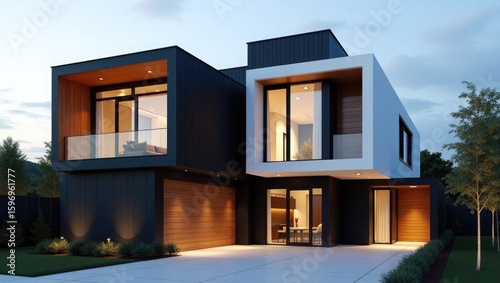 Modern architectural marvel showcasing a striking contemporary residence with clean lines and expansive glass windows at dusk