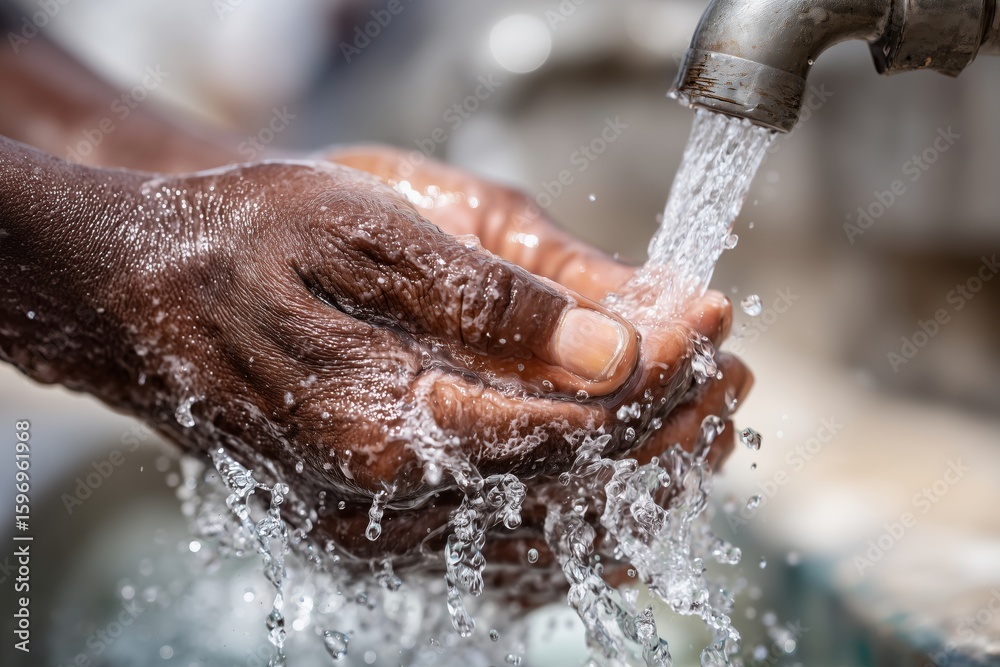 Fototapeta premium Close-up of hands under running tap water capturing the importance of hygiene, clean water access, and global conservation efforts