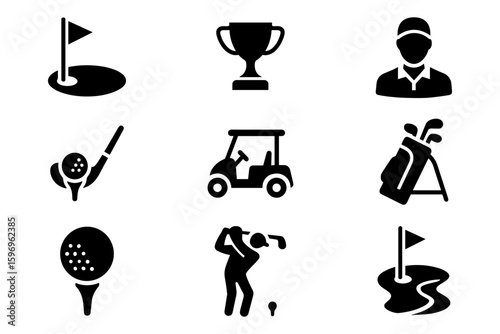 Golf icon set: silhouettes of clubs, cart, player, trophy, and course elements
