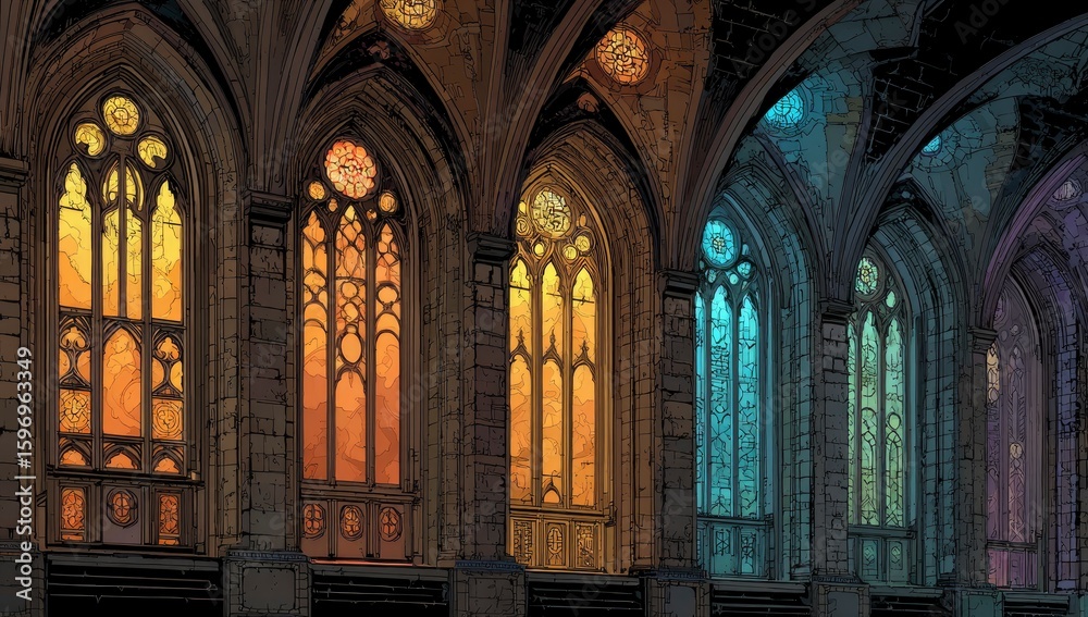 Fototapeta premium Cathedral's rainbow stained glass windows at night